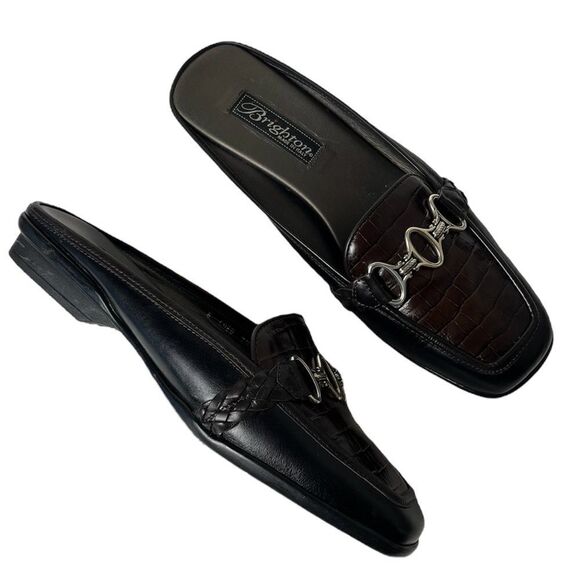 Brighton Coed Croc Embossed Leather Mules Slip On Shoes Black Brown Italy 7 1/2 - Picture 1 of 11